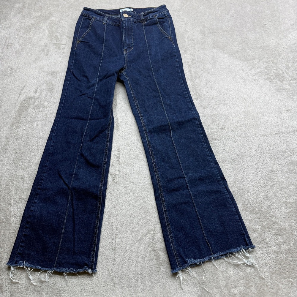 Avec Les Filles Jeans Women 27 Blue High Rise Flare Front Seam Raw Hem 70s Denim